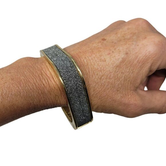 Gunmetal‎ Silver Sparkle Gold Trim Square Clamper Bangle Bracelet Glam Costume - Picture 2 of 11